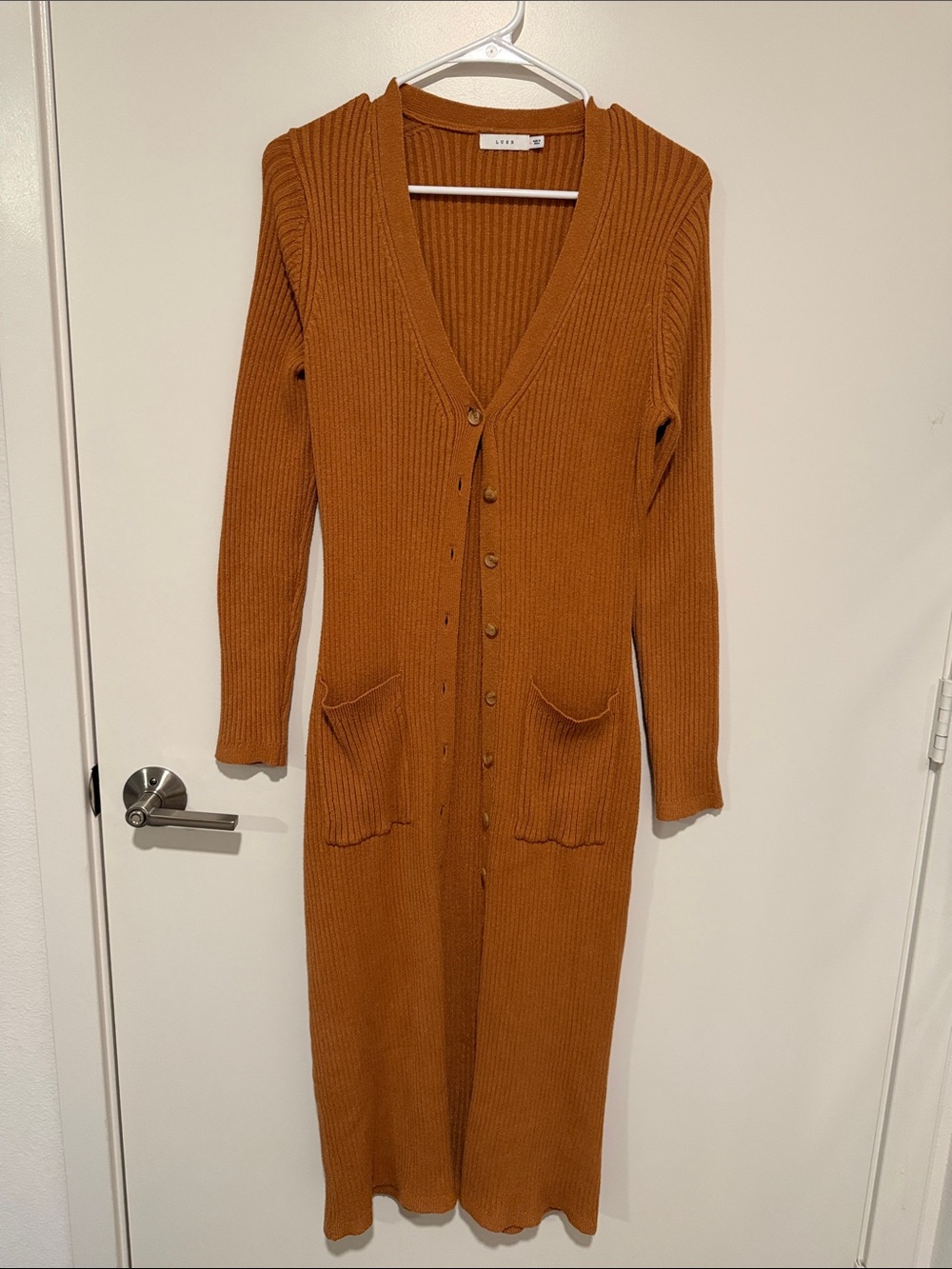 Lush Ribbed Button-Front Long Cardigan in Rust